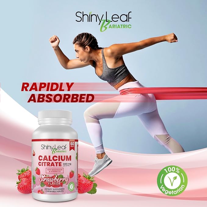Shiny Leaf Bariatric Calcium Citrate 600mg - Supplement for Bariatric Surgery Patients, 2 x 60 Ct Chewable Calcium Tablets with Magnesium, Vitamin D3, Vegetarian - Cherry & Strawberry Flavors