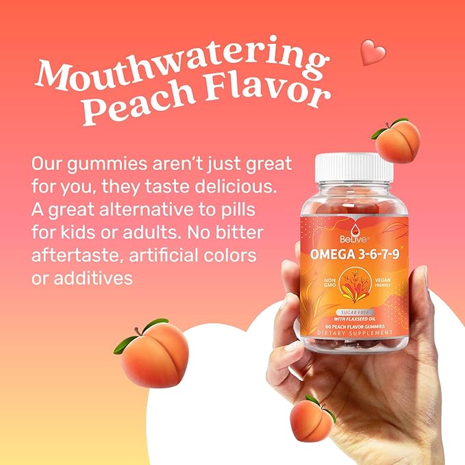 BeLive Organic Omega 3 Gummies - Omega 3 6 9 7 DHA & EPA from Flaxseed Oil & Sea Buckthorn Fruit Oil, Vegan Omega 3 for Kids & Adults, Full Body, Brain & Eye Support, Sugar Free – Peach | 2-Pack
