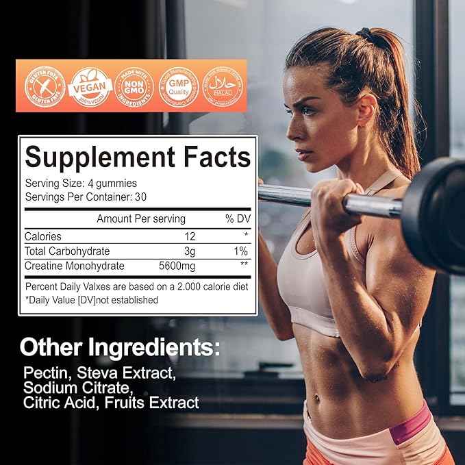 Creatine Monohydrate Gummies 5600mg for Men & Women, 120CT Chewable Creatine Gummies for Muscle Support, Energy Boost, 5.6g of Creatine Monohydrate per Serving - Sugar Free (Blueberry strawberry)