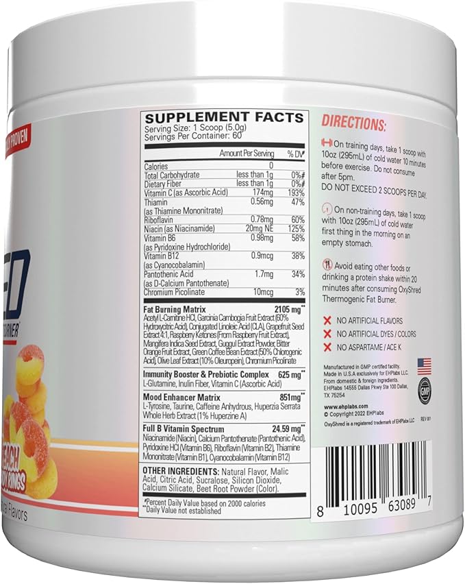 EHP Labs OxyShred Pre Workout Powder - Preworkout Powder with L Glutamine & Acetyl L Carnitine, Energy Boost Drink - Peach Candy Rings, 60 Servings