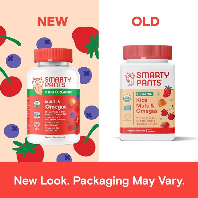 SmartyPants Organic Kids Multivitamin Gummies: Omega 3 (ALA), Vitamin D3, C, Vitamin B12, B6, Vitamin A, K & Zinc for Immune Support, Vegetarian, Three Fruit Flavors, 120 Count (30 Day Supply)