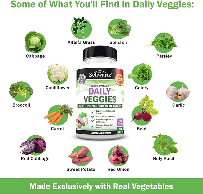 Daily Fruits and Vegetables Supplement for Adults - Super Fruits and Veggies Capsules for Enhanced Energy Gut Health Immune Support & Overall Wellness with 47 Whole Food Fruits and Veggies (1 Month)