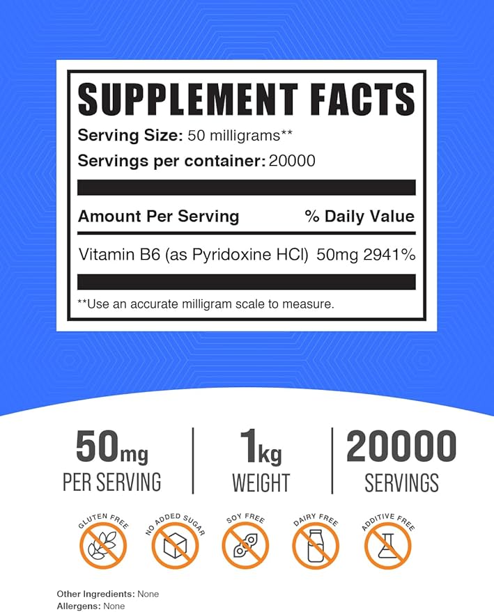 BulkSupplements.com Pyridoxine HCl Powder - Vitamin B6 Supplement, Vitamin B6 50mg - for Immune Support, Gluten Free, 50mg of Pyridoxine B6 per Serving, 1kg (2.2 lbs) (Pack of 1)