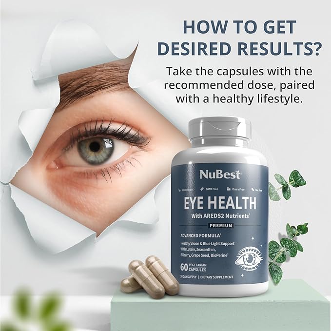 NuBest AREDS 2 Eye Vitamins Eye Health with Beta Carotene Carrot Powder, 20mg Lutein, 4mg Zeaxanthin, Bilberry, Grape Seed, BioPerine, B-Complex, Multivitamin for Eye Health - 60 Vegan Capsules