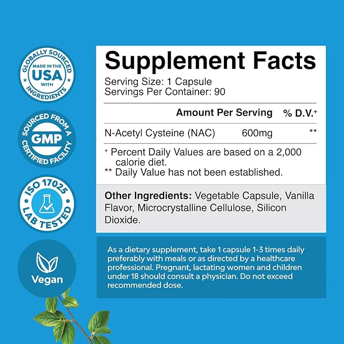 NAC Supplement N-Acetyl Cysteine 600mg - Vegan High Absorption NAC 600 mg Capsules - Glutathione Precursor for Liver Cleanse Detox & Repair plus Lung Health and Immunity Support (180 Servings)