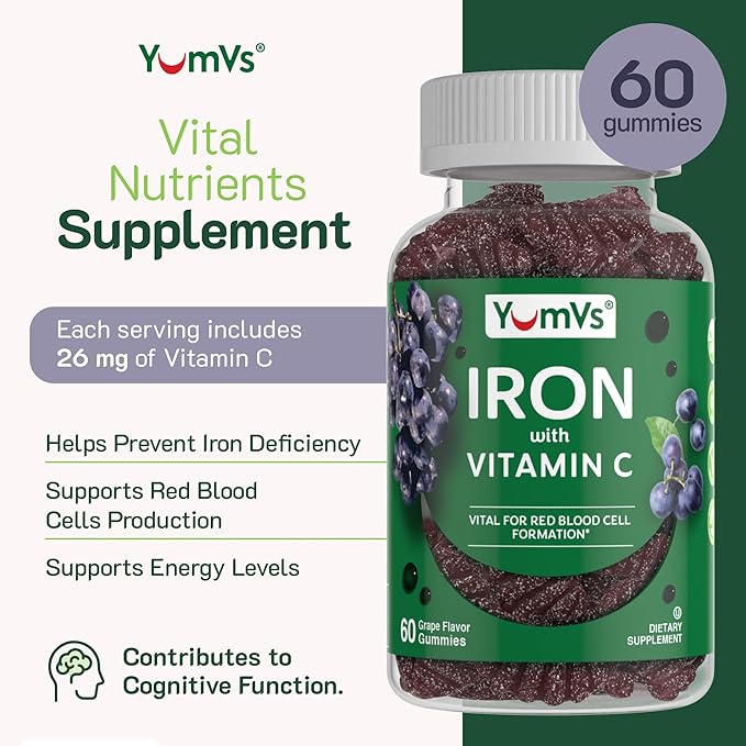 VumVs Iron Gummies for Women and Men - Grape Flavor - 10 mg Chewable Iron Supplement for Women Gummies with Vitamin C - Kosher, Gluten Free - Blood Builder Iron Supplement Gummies (60 Count), 1 Pack