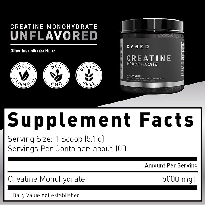Kaged Creatine Monohydrate Micronized Powder | 100 Servings | Unflavored | Muscle Recovery and Growth Supplement for Men & Women | Vegan | Easily Digestible | Gluten Free | Keto Friendly