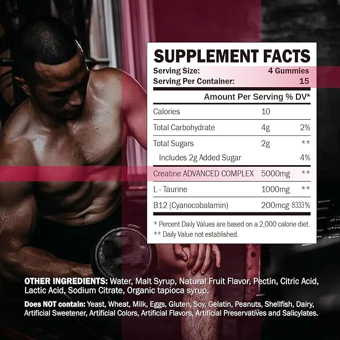 Creatine Monohydrate Gummies - 5g Creatine Monohydrate for Women & Men, L-Taurine, B12, Creatine Chews for Muscle Growth, Increase Strength and Build Muscle, Mixed Berry Flavor 120 Count