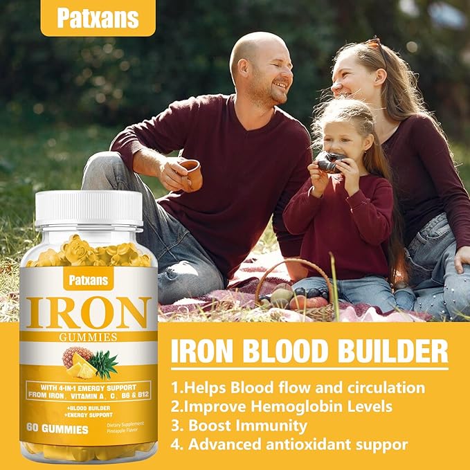 1 Pack 100MG Iron Supplement Gummies for Women & Men - with Vitamin A, C, B - Blood Builder ＆ Energy Support for Iron Deficiency, Anemia, Adults ＆ Children, Vegan, Pineapple Flavor Gummy, 60ct