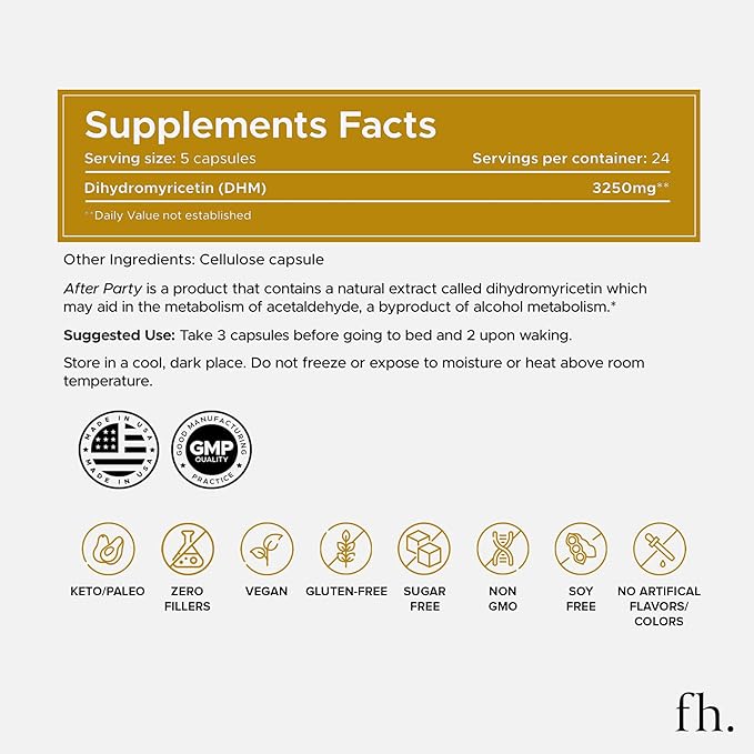 After Party DHM Dihydromyricetin Supplement | Supports Liver, Metabolism, Energy Levels, Post-Celebration Relief | Feel Refreshed, 650mg Per Pill | 1 Bottle, 24 Servings