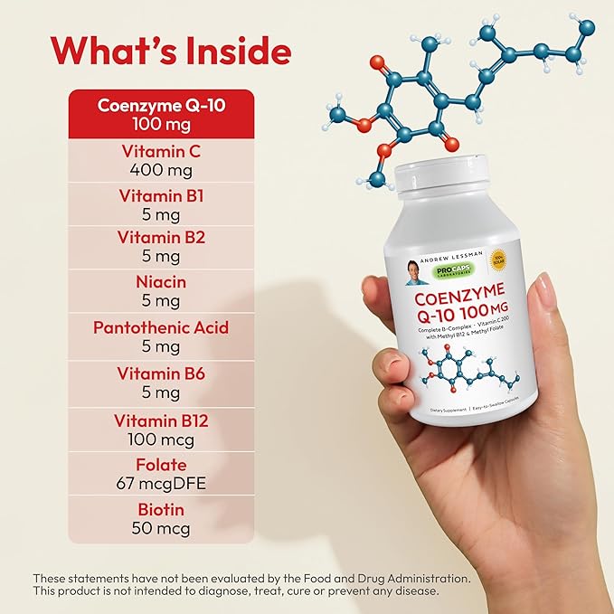 Andrew Lessman Coenzyme Q-10 100 mg 180 Capsules – Essential for Energy Production and Optimum Key Organ Function, Anti-Oxidant Support, Depleted by Aging, Plus B-Complex. Easy to Swallow Capsules
