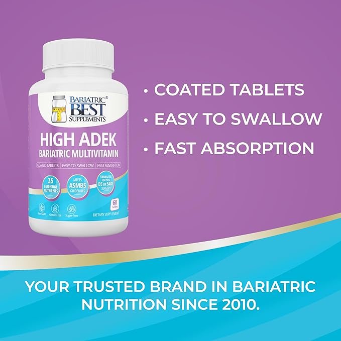 High A D E K Bariatric Multivitamin for Post DS/SADI Surgery, 25 Essential Nutrients for Post-Weight Loss Surgery, 60 Tablets, Meets ASMBS Guidelines for Bariatric Bypass