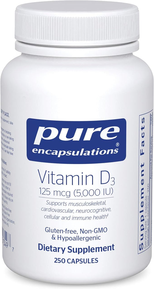 Pure Encapsulations Vitamin D3 125 mcg (5,000 IU) - Supplement to Support Bone, Joint, Breast, Heart, Colon, and Immune Health* - with Vitamin D - 250 Capsules