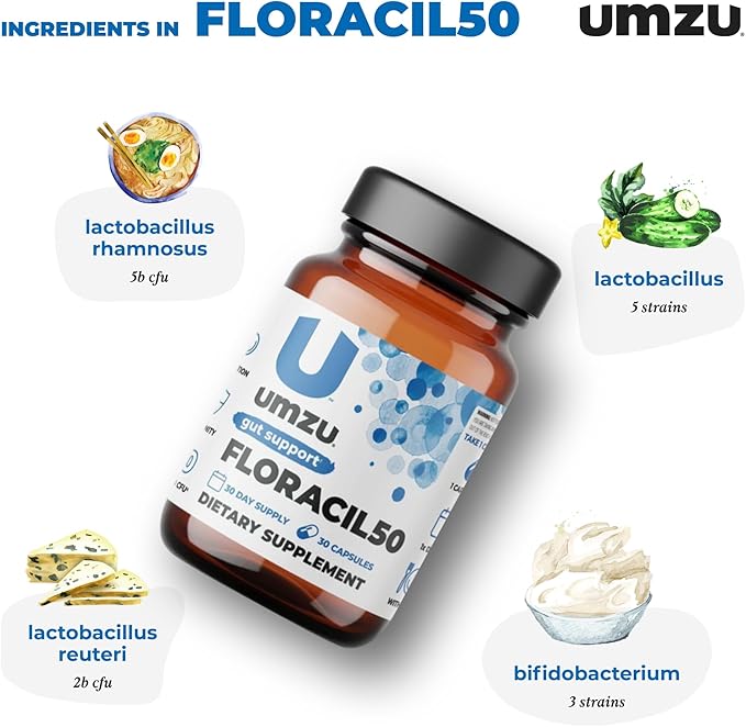 UMZU Floracil50 Prebiotics and Probiotics Supplement for Gut Health | 50 Billion CFU with 8 Strains of Bacteria to Support Digestion, Immunity & Energy (30 Day Supply | 30 Capsules)