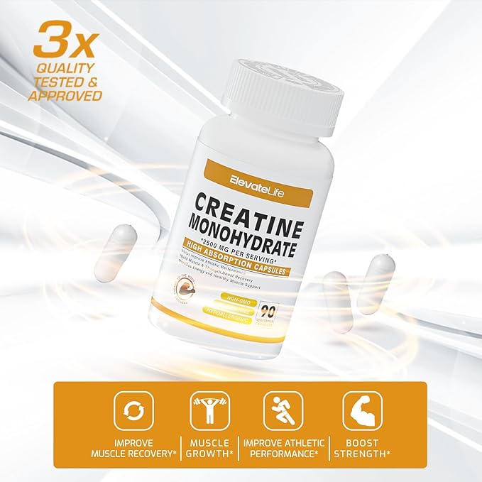 Creatine Monohydrate 2500mg, 90 Capsules - Gluten Free, Non-GMO