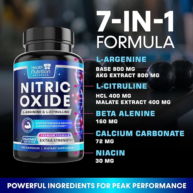 Extra Strength Nitric Oxide Supplement L Arginine 3X Strength - Citrulline Malate, AAKG, Beta Alanine - Premium Muscle Supporting Nitric Booster for Energy & Strength to Train Harder - 180 Capsules