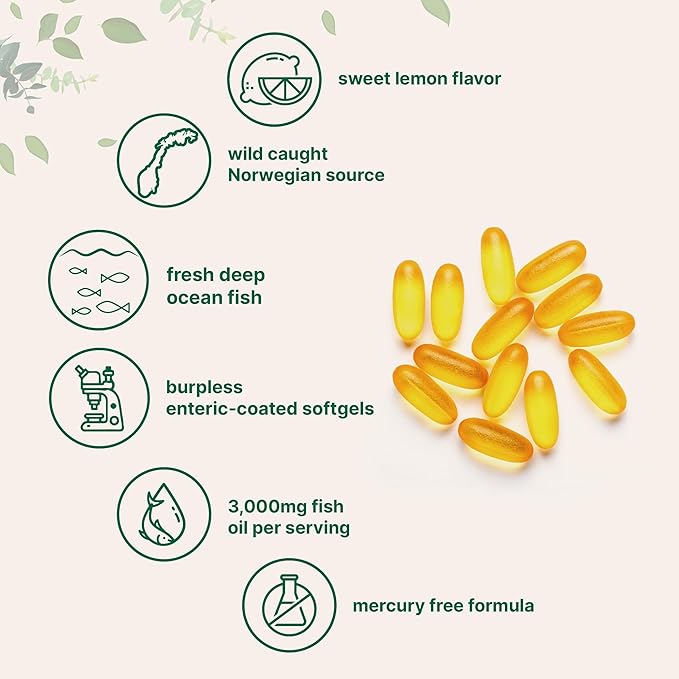 Omega 3 Fish Oil Supplements 3,000mg Per Serving, 240 Softgels | Lemon Flavored – Burpless | EPA 540mg + DHA 360mg | Heart & Brain Support | Deep Sea Fish