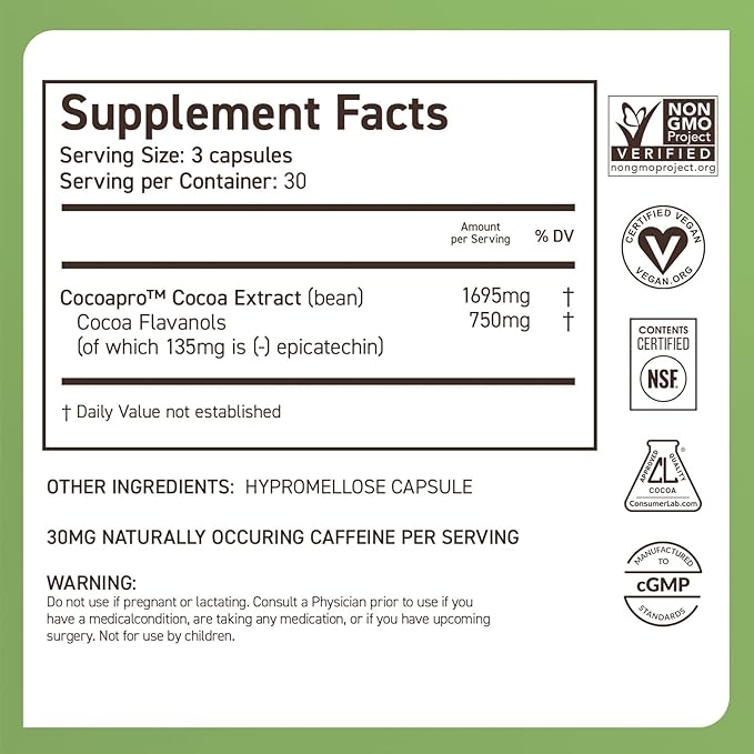 CocoaVia Memory+ Brain Supplement, Clinically Proven Memory and Brain Booster, Plant Based Supplement, Sugar Free, Gluten Free, Vegan, 750 mg Cocoa Flavanols Capsules, 30 Day Supply