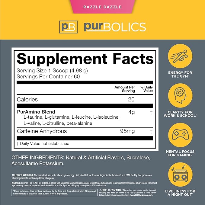 Aminos + Energy | Supports Recovery, Energy & Focus | 95mg of Caffeine, 0 Sugar & 60 Servings (Razzle Dazzle)
