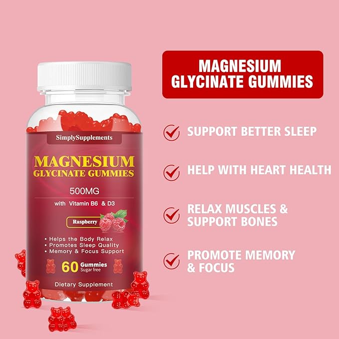 Magnesium Glycinate Gummies 500mg, Chewable Magnesium Supplement with Vitamin D3, B6, CoQ10, for Relaxation, Sleep & Mood Support, Calm Magnesium Gummies - 60 Raspberry Gummies