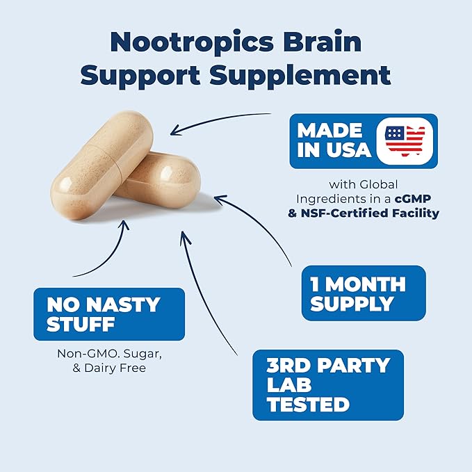 Nootropics Brain Support Supplement - Nootropic Brain Booster for Improved Focus, Concentration & Memory. Brain Nootropic for Brain Health, Mood & Energy Support. Non-GMO. Made in the USA. 60 Capsules