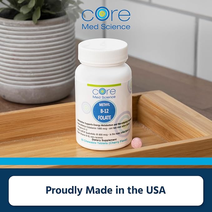 Core Med Science Methyl B12 Folate Supplement for Women & Men - 5-MTHF Pills Support Mood, Cognitive, & Heart Health - Methylfolate Vitamin B9 for Homocysteine Levels & Methylation Cycle (60 Count)