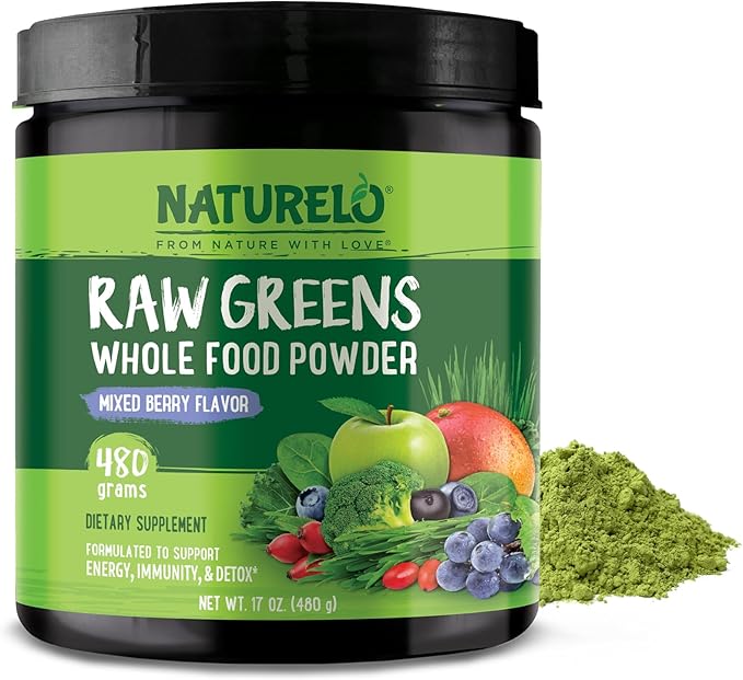NATURELO Raw Greens Superfood Powder - Mixed Berry Flavor - Boost Energy, Detox, Enhance Health - Organic Spirulina - Wheat Grass - Whole Food Nutrition from Fruits & Vegetables - 480 Grams