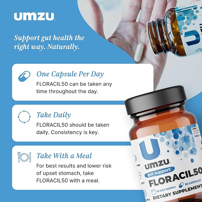 UMZU Floracil50 Prebiotics and Probiotics Supplement for Gut Health | 50 Billion CFU with 8 Strains of Bacteria to Support Digestion, Immunity & Energy (30 Day Supply | 30 Capsules)