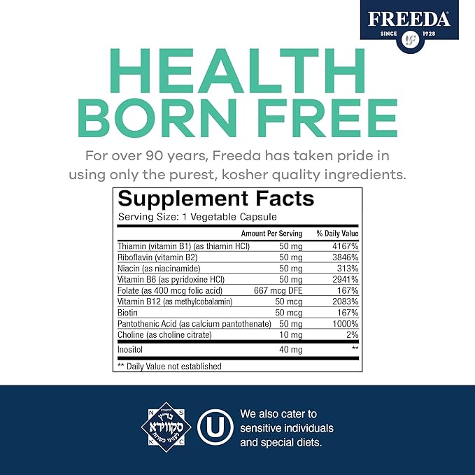 FREEDA Vitamin B Complex - Kosher Super B Complex Vitamin Supplement for Women & Men with Biotin, Vitamin B12, B1, B2, B3, B6, Folic Acid - Energy Metabolism Booster - Super Quints B-50, 100 Capsules