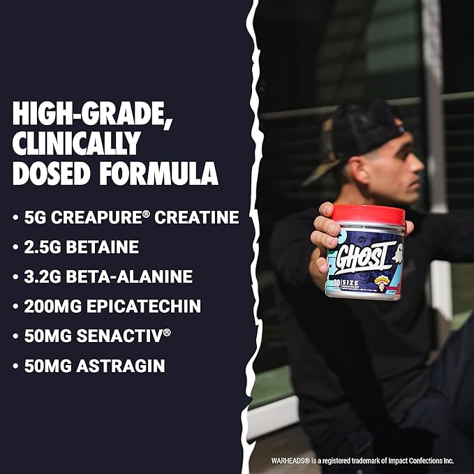 GHOST Size Muscle Builder Dietary Supplement - Warheads Sour Watermelon, 30 Servings - Creatine Muscle Growth and Strength Building Supplements for Men & Women - Free of Sugar & Gluten, Vegan