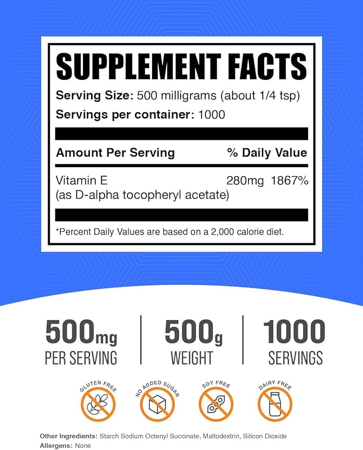 BulkSupplements.com Vitamin E 400 IU Powder - as D-Alpha Tocopherol, Vitamin E Supplements, Vitamin E Powder - Gluten Free, 500mg per Serving, 500g (1.1 lbs) (Pack of 1)