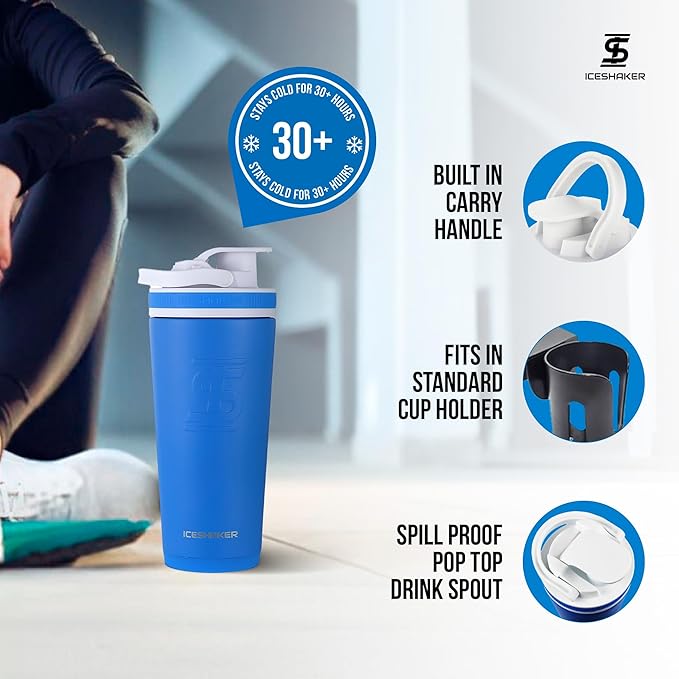 Ice Shaker Insulated Stainless Steel Shaker Bottle | 26oz, Royal | Cold for 30+ Hours | Insulated Cup with Twist-on Agitator | Odor-Free Shaker Cup for Protein Shakes, Water, Smoothies, Cocktails