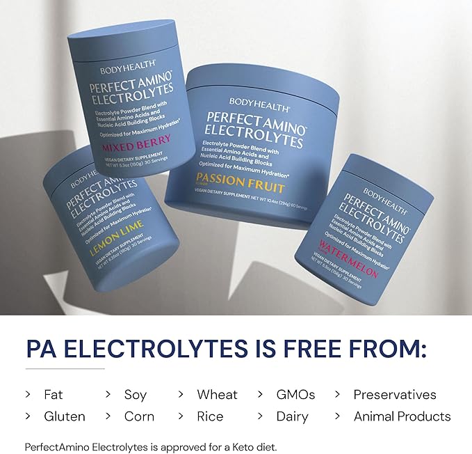 BodyHealth PerfectAmino Electrolytes Powder, Hydration Powder, Sugar Free Electrolyte Drink Mix, Keto Electrolytes Powder, Non GMO, Passion Fruit Flavor (30 Servings)