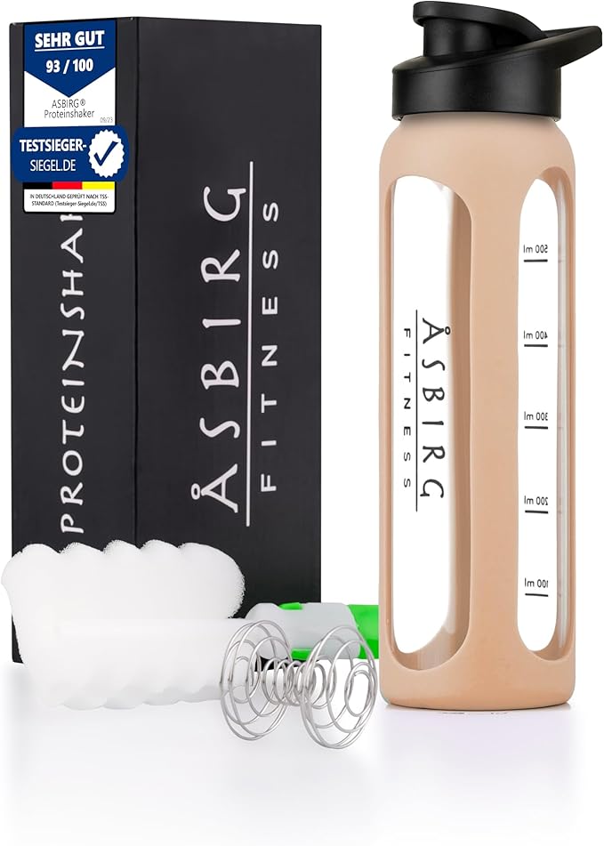 Fitness | Glass Protein Shaker | Protein Shaker | Drinking Bottle | with Spiral Ball | Beige