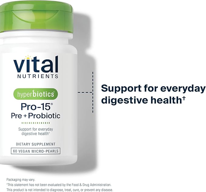 Hyperbiotics Vital Nutrients Pro-15 Pre + Probiotic | 15 Strains| Supports Occasional Constipation, Diarrhea, Gas & Bloating | Immune, Digestive & Gut Health | Shelf-Stable | Vegan | 60 Pearl Tablets