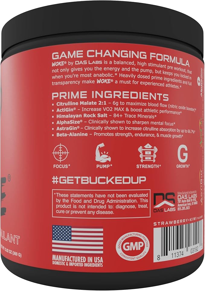 Bucked Up - Woke - HIGH STIM Pre Workout - Best Tasting - Focus Nootropic, Pump, Strength and Growth, 30 Servings (Strawberry Kiwi)