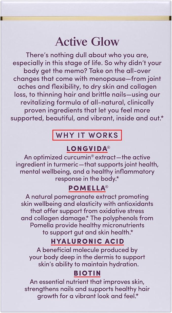 Womaness Active Glow Hair Skin and Nails Vitamins - Biotin, Longvida Curcumin & Hyaluronic Acid Supplements for Joint Health, Dry Skin & Thinning Hair (30 Capsules)