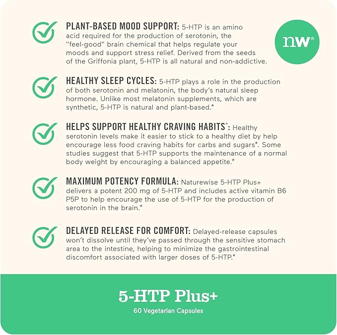 NatureWise 5-HTP 200mg, Vegan 5 HTP Plus Supplement from Griffonia Seeds with Cofactor Vitamin B6 - Mood Support Supplement & Natural Sleep Aid for Adults - Delayed-Release - 60 Count[2-Month Supply]