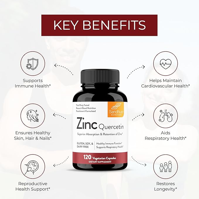 Sandhu’s Zinc Quercetin 120 Vegetarian Capsules – Zinc Supplements for Antioxidant Immune Support Zinc for Men and Women – Gluten, Soy, Dairy Free