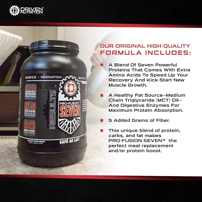 Driven Pro Fusion 7 Meal Replacement Powder - Men & Women, 3 lbs - 24g Protein Per Serving, Digestive Enzymes & MCT Oil - Gluten-Free - On-The-Go Energy & Supports Muscle Mass - Banana Milkshake