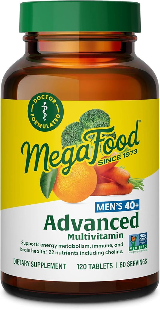 MegaFood Men's 40+ Advanced Multivitamin for Men - Dr-Formulated - Choline, Vitamin B, Vitamin C, Vitamin D, Zinc & Real Food - Brain Health, Immune Support - Vegetarian - 60 Tabs (30 Servings)