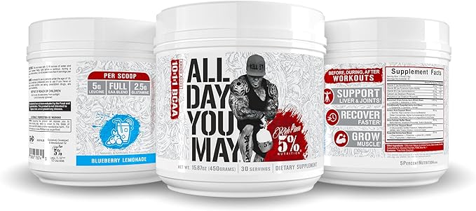 5% Nutrition Rich Piana AllDayYouMay BCAA Powder | Premium Intra & Post Workout Amino Acids, Hydration, Endurance, Muscle Recovery, Joint & Liver Support | 15.9 oz, 30 Servings (Blueberry Lemonade)