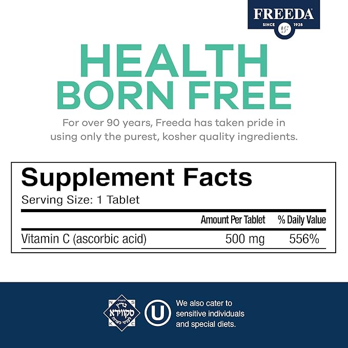 FREEDA Vitamin C - Vegan Vitamin C 500mg - Kosher - Powerful Antioxidant Immune Support - Easy to Swallow Vitamins C Tablets as Ascorbic Acid - Pure Vitamin C 500 mg - VIT C Supplement (100 Count)