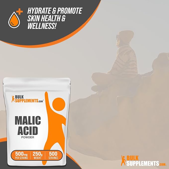 BulkSupplements.com Malic Acid Powder - Malic Acid Supplement, Malic Acid Powder Food Grade - for Energy & Skin Support, Gluten Free - 500mg per Serving, 250g (8.8 oz)