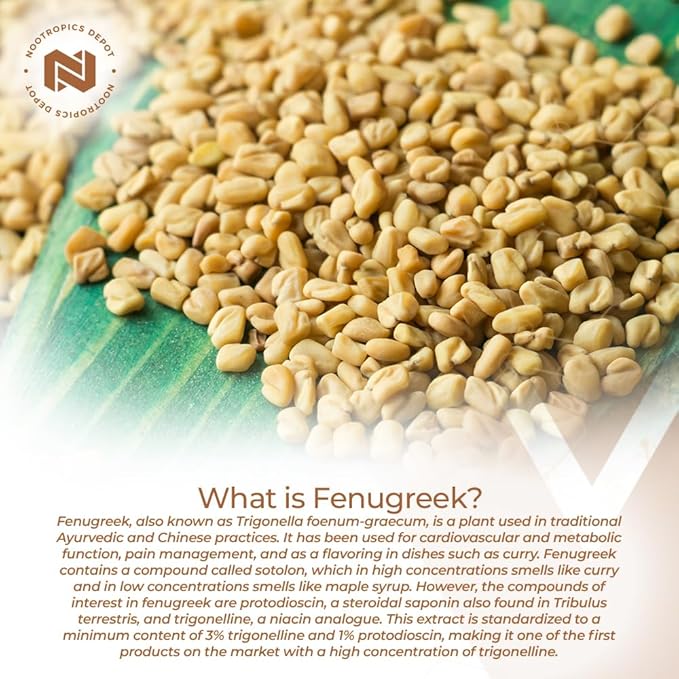Nootropics Depot Fenugreek Extract Capsules | 500mg | 180 ct | 3% Trigonelline, 1% Protodioscin | Trigonella foenum-graecum | Mood, Fitness, & Metabolic Function