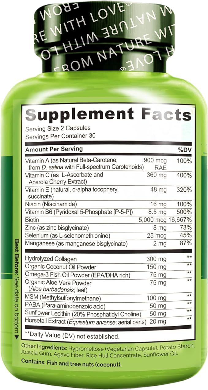 NATURELO Hair, Skin and Nails Vitamins - 5000 mcg Biotin, Collagen, Natural Vitamin E - Supplement for Healthy Skin, Hair Growth for Women and Men – 60 Capsules