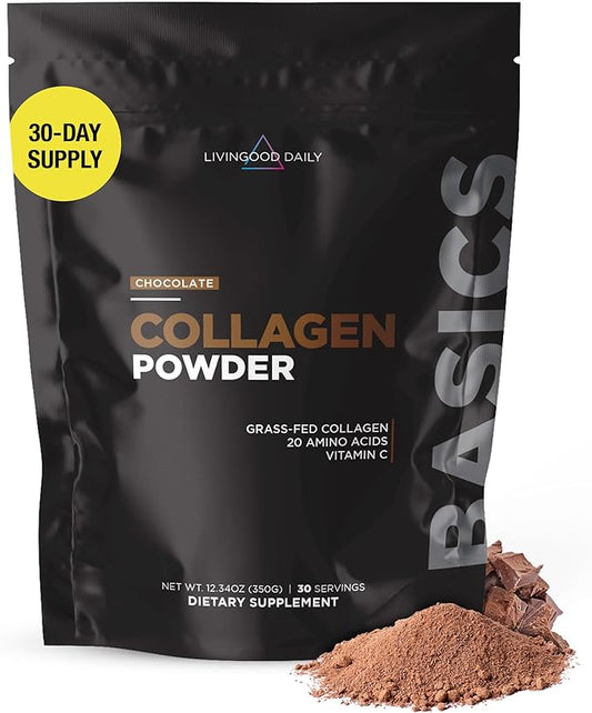 Livingood Daily Chocolate Collagen Powder - Hydrolyzed Collagen Peptides Powder Plus Vitamin C - Complete Protein with 20 Amino Acids - Type I & III, Grass-Fed, Keto, Paleo - 30 Servings, 12.3oz