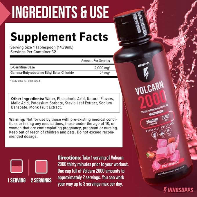 InnoSupps Volcarn 2000 - L-CARNITINE Advanced Energy Liquid | ATP Enhancer with GBEEC | Boosts Energy, Enhances Focus, Caffeine Free, No Artificial Sweeteners | 32 Servings (Rainbow Sherbet)