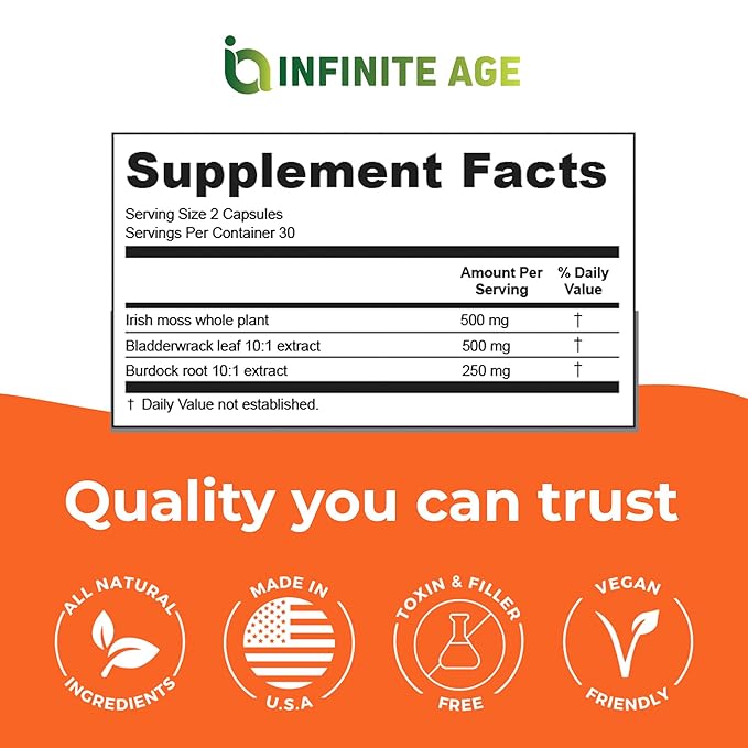 INFINITE AGE: 1250mg Sea Moss Advanced Superfood - High-Potency, Vegan, Made in The USA - Irish Sea Moss, Bladderwrack, Burdock Root - Overall Health, Immunity Support, 60 Sea Moss Capsules