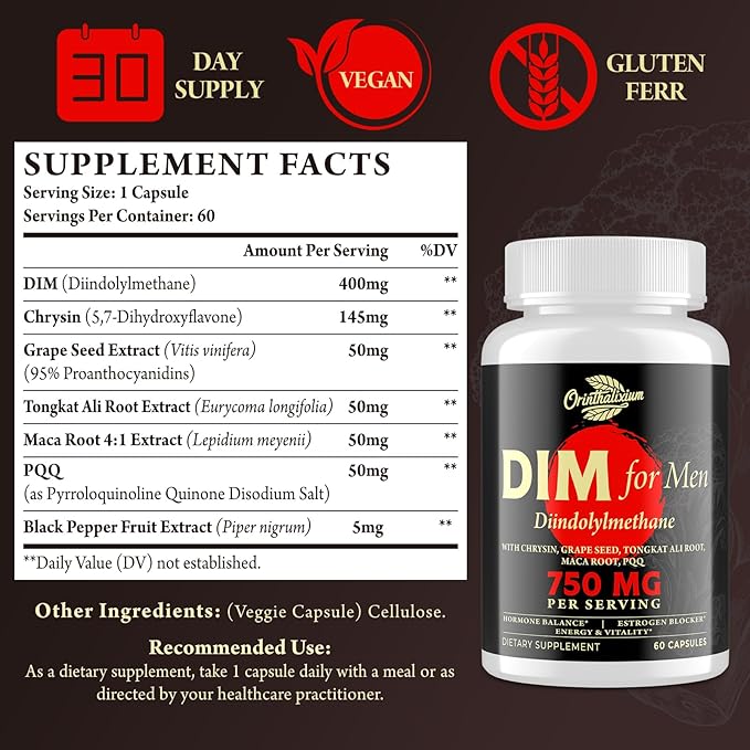 DIM Supplement for Men 750MG, Chrysin & Black Pepper Extract, 60 Capsules (1 Bottle)
